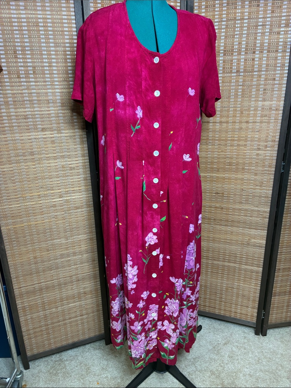 Magenta Floral Button-Front Maxi Dress